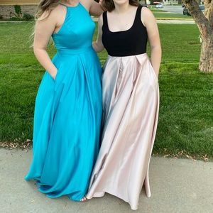 dress on left, teal halter top